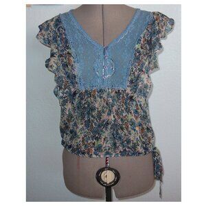 Love Fire Size XS Blue Lace Blouse Shirt Top Sheer Floral Cottagecore Fairy